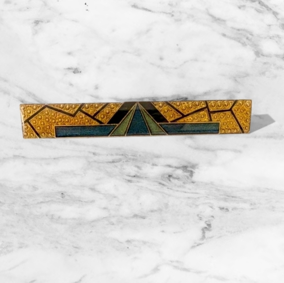ART DECO Enamel Vintage Brooch Pin Geometric Gold Green Blue Black Bar - Picture 1 of 9